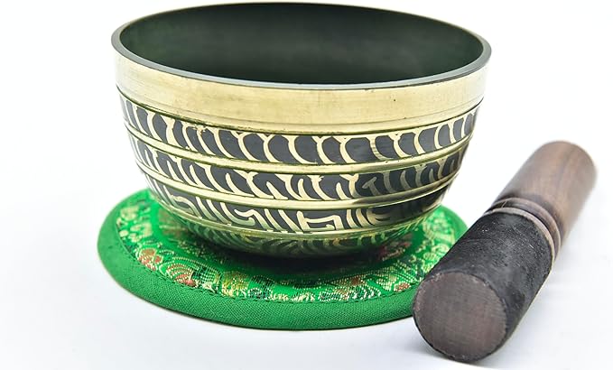4.5 Inch Etching Handmade Singing Bowl Yoga Meditation, with cushions and Mallet,Heart Chakra (Green) from Nepal - Bloomnest