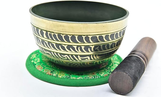 4.5 Inch Etching Handmade Singing Bowl Yoga Meditation, with cushions and Mallet,Heart Chakra (Green) from Nepal - Bloomnest