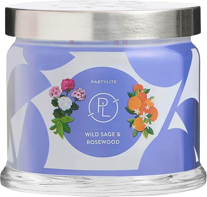 PartyLite Wild Sage & Rosewood Scented, Notes of Sage Leaf, Rosewood, Geranium Petals and Lemongrass, 13.2oz 3-Wick Jar Candle, 45 Hour Burn Time, Luxurious Fragrance, Ideal for Gifting - Bloomnest
