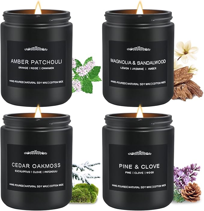 Scented Candle Set, Men Candle Set, Scented Candles for Home, Gifts for Men, 28 oz 200 Hour Burn Time,4 Pack Manly Gifts Soy Candles of Cedar Oakmoss/Pine&Clove/Patchouli/Sandal Wood - Bloomnest