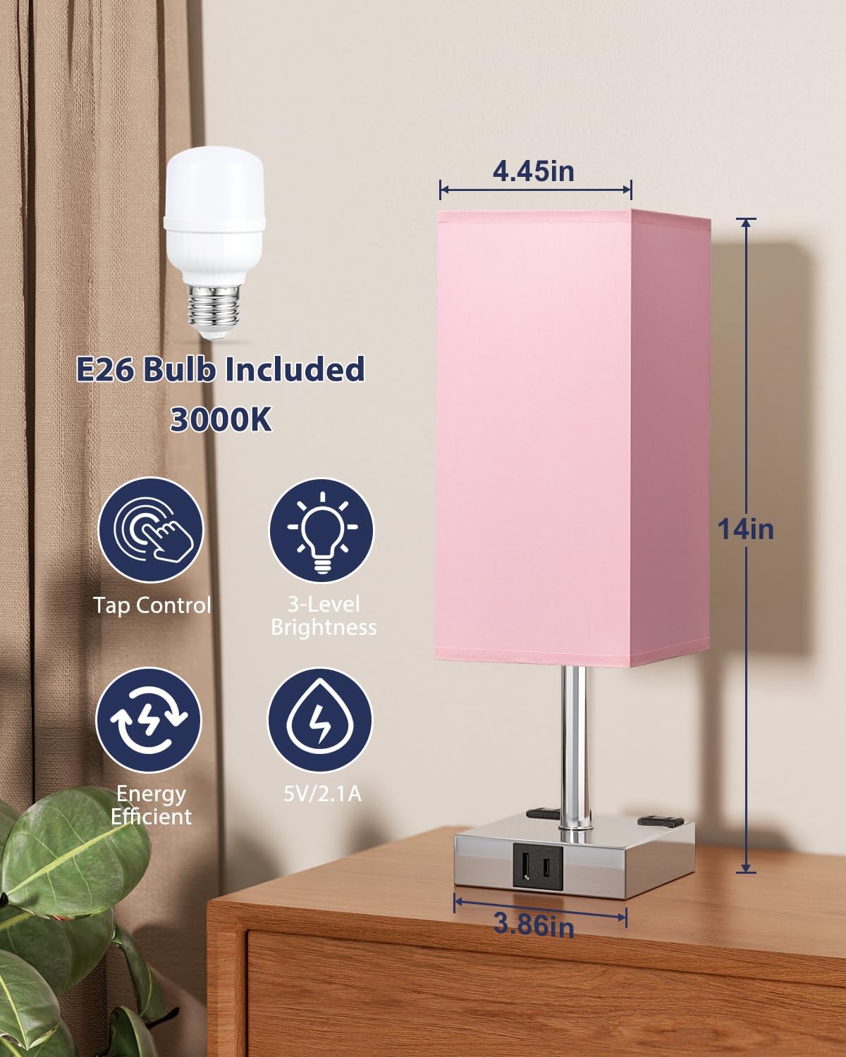 Touch Bedside Table Lamp for Nightstand - 3-Way Dimmable Night Lamp with USB A + Type C Charging Ports and Two AC Outlets, Small Desk Light with E26 LED Bulb for Bedroom Living Room Dorm Office, Pink