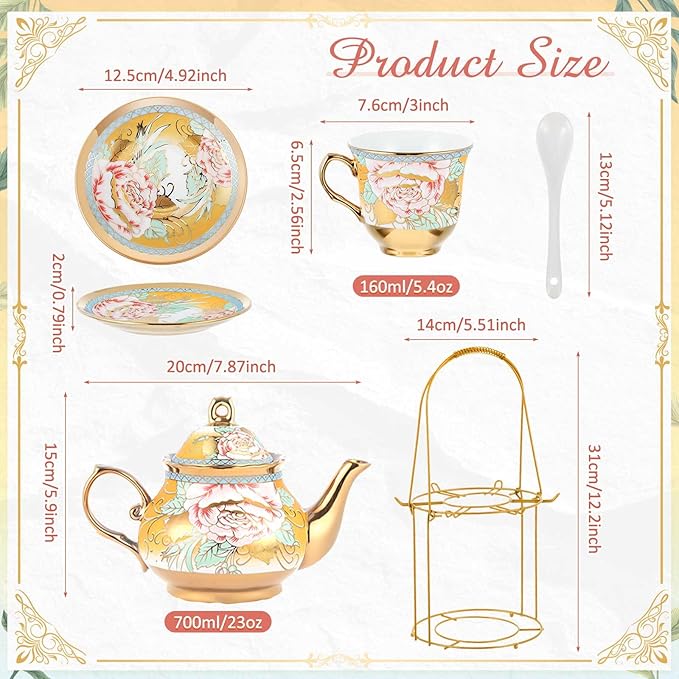 Zhehao 20 Pcs Porcelain Tea Set with Metal Holder and Spoon Adult Ceramic Tea Set European Flower Painting Teapot Cup Saucer Spoon for Women, Large Version(Classic Style) - Bloomnest