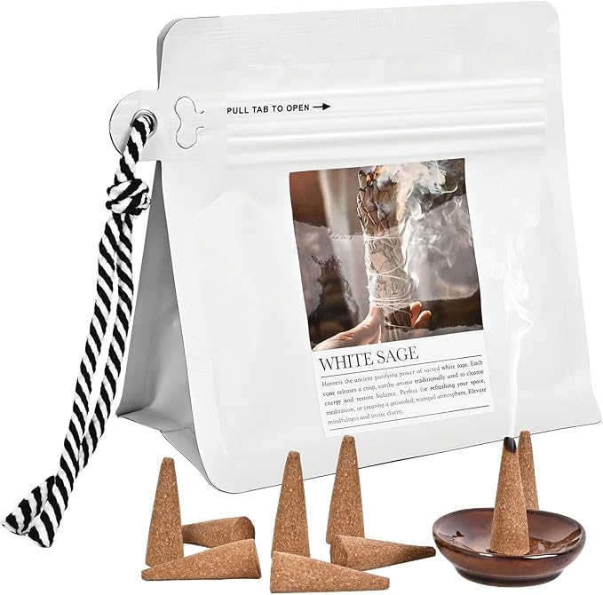 White Sage Incense Cones 30 Pcs Count with Holder - Smudging Incense for Positive Energy & Spiritual Cleansing Mosfantal