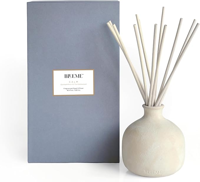 BLUEME Calm-Osmanthus & Sandalwood, 16.91 Fl Oz Wellness Diffuser, Contains Essential Oil, Sustainable, Hand Finished, Premium, Luxury Ceramic, Natural Rattan Reeds