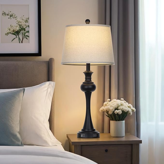 28.75" Black Modern Table Lamps for Living Room, Bedside Lamp with USB A+C Ports & AC Outlets, 3 Way Dimmable Touch Lamps for Living Room,Nightstand Lamp LED Bulb Included (1Pack - Bloomnest