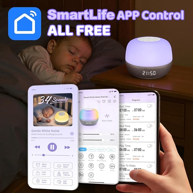 2025 Mom's Choice Awards | Sound Machine Baby White Noise Machine with Sunrise Alarm Clock & App Control – 360° RGB Night Light, Sleep Soother for Adults & Kids, Baby Essentials for Newborns - Bloomnest