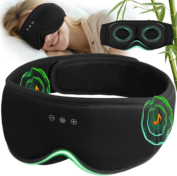 3D Bamboo Cotton Sleep Mask with Bluetooth 5.4 Headphone, Music Wireless Bluetooth Blackout Eye Mask for Side Sleepers, Earphones HD Speaker Microphone for Travel, Gifts for Women Men, Black - Bloomnest