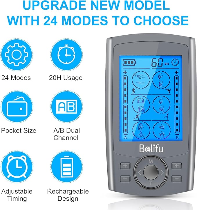 Belifu Dual Channel TENS EMS Unit 24 Modes Muscle Stimulator for Pain Relief Therapy, Electronic Pulse Massager Muscle Massager with 10 Pads, Dust-Proof Drawstring Storage Bag, Fastening Cable Ties Belifu
