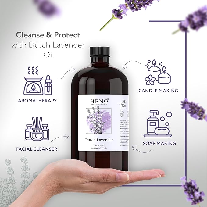 HBNO Lavender Dutch Oil - 32 oz (950 ml) Large Size - Ideal for Shampoos, Conditioners, Mouth Washes, Face wash, Lotions, and Skin Care Products (Glass Bottle). - Bloomnest