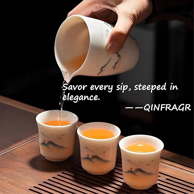 Landscape-Painted Chinese Gongfu Porcelain Tea Set: 6 Teacups & 1 Teapot. Made of Chinese/Japanese-style porcelain, ideal as a gift for business occasions & holidays(Landscape Design) - Bloomnest