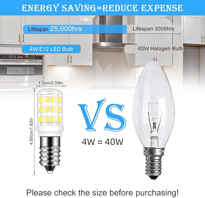E12 LED Bulb 40w Replacement Type B LED Candelabra Bulbs C7, Daylight White 6000K, E12 4W Fridge Water Dispenser Light Bulb for for Chandeliers Home Lighting Refrigerator/Dryer Drum Light,2 Pack - Bloomnest