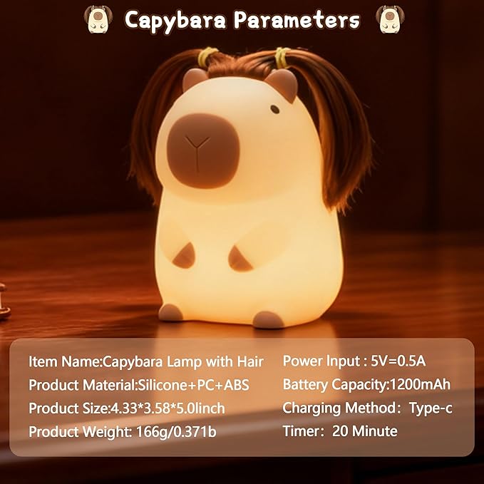 Cute Capybara Night Light with DIY Hairstyle ,Funny Squishy Silicone Animal Night Lamp, Dimmable/Timer Nursery Nightlight for Kids, Rechargeable Touch Bedside Lamp, Bedroom Decor, Baby Boys Girls Gift - Bloomnest