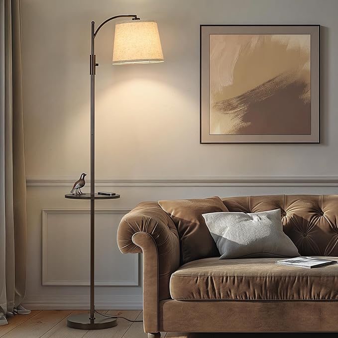 AIDENOEY Fully Dimmable Floor Lamp for Living Room，Standing Lamp Rotary Switch with Table&Linen Beige Shade，Brown Tall Lamps for Bedroom with Adjust Head，9W LED Bulb Included - Bloomnest