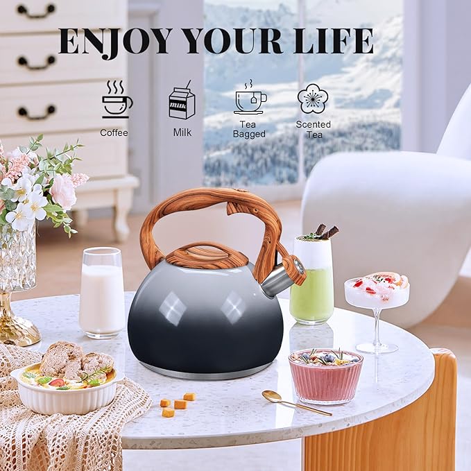 GGC Tea Kettle for Stove Top, 3.1QT/3L Whistling Tea Kettles for Boiling Water Coffee or Milk, Grey&Black Gradient kettle Pot with Wood Parttern Handle, Stainless Steel Pot for Home and Kitchen - Bloomnest