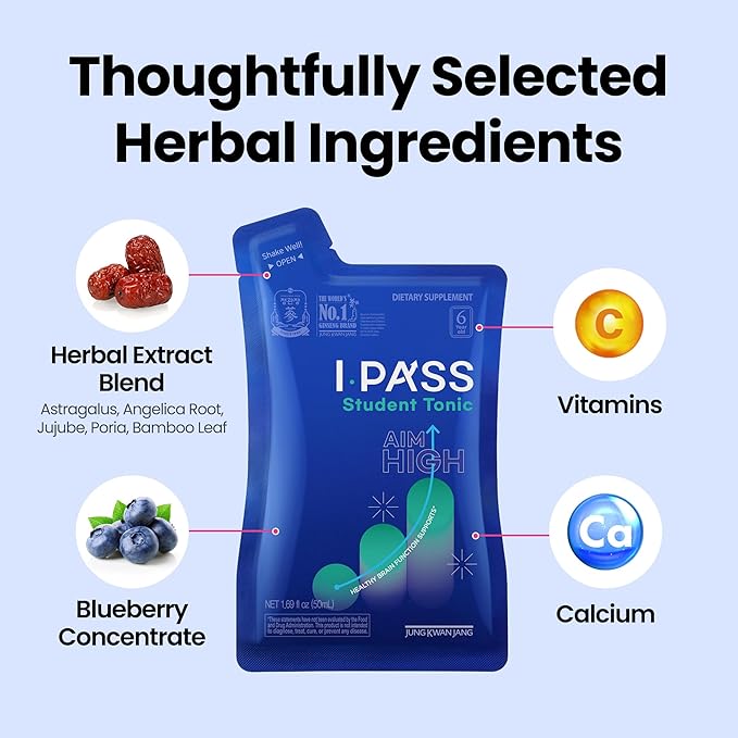 JungKwanJang iPass Student Tonic - Adaptogen Energy Drink Supplement with Korean Red Ginseng, Jujube, Astragalus & Angelica - Daily Support for School and Activities (30 Pouches, 1.69 fl oz) - Bloomnest