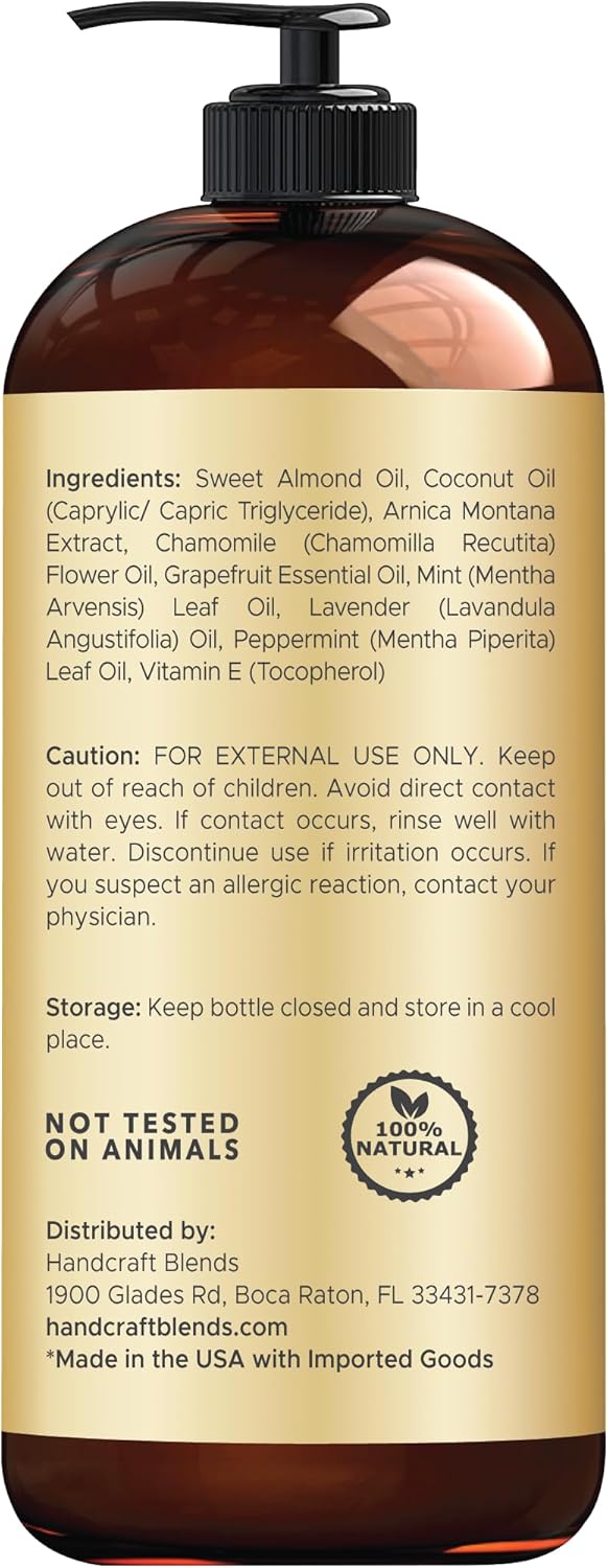 Handcraft Blends Sore Muscle Massage Oil 8 Fl Oz - Moisturizing Body Oil for Massage Therapy - Made with Arnica Extract, Chamomile, Lavender, Peppermint Oils