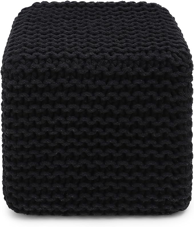 REDEARTH Cube Pouf Foot Stool Ottoman - Hand Knitted Poof - Cord Boho Pouffe - Home Décor - Stuffed Footrest for Living Room - Bedroom - Covered Patio (16" x 16" x 16") - Black - Bloomnest