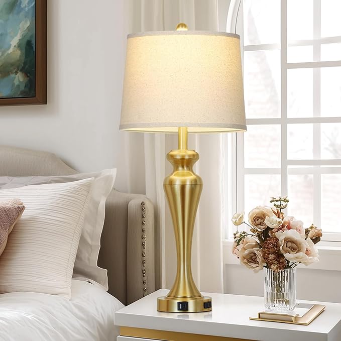 30" Gold Tall Table Lamps for Living Room, Touch Control Bedroom Lamp with USB A+C Ports and AC Outlet, 3-Way Dimmable Bedside Table Lamps Set of 2, Modern Metal Lamp for Nightstand - Bloomnest