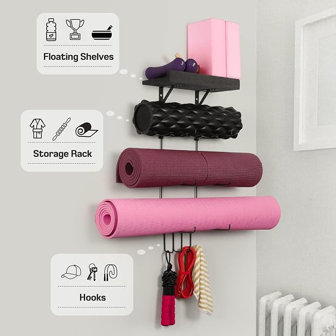 Bikoney Yoga Mat Holder Wall Mount Yoga Mat Storage Home Gym Accessories with Wood Floating Shelves and 4 Hooks for Hanging Foam Roller and Resistance Bands at Fitness Class or Home Gym Vintage Black