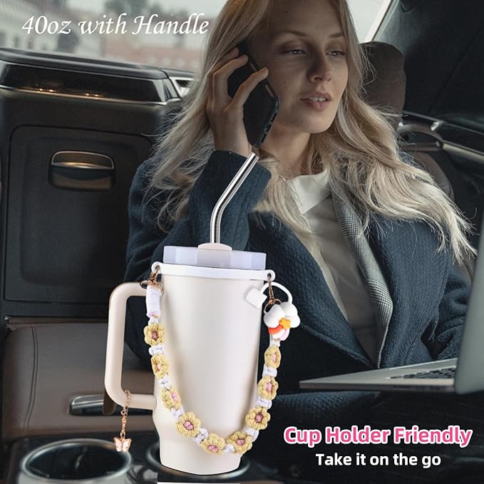 40 oz Tumbler Insulated Mug w/Straw & Flip Cap Lids - Cup Holder Bottle with 6 Accessories Set for Hot, Cold Drink - Leak-Proof - Water, Coffee Portable Travel Mug (Cream) - Bloomnest