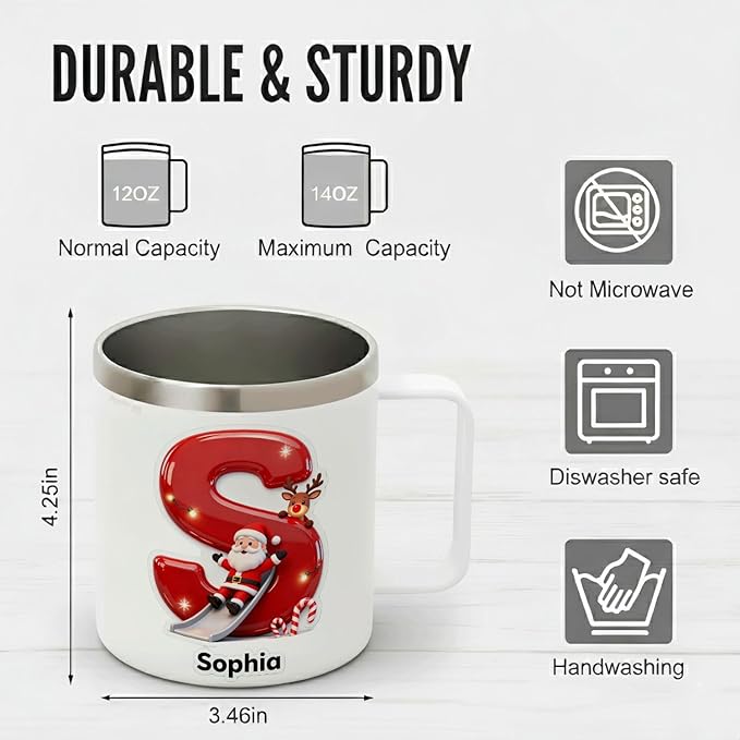 Personalized Christmas Insulated Coffee Mug with Handle – Custom Initial Letter [C] Double Wall Stainless Steel Travel Tumbler for Hot & Cold Drinks – Holiday Gift for Men,Women,&Kids(B113) - Bloomnest