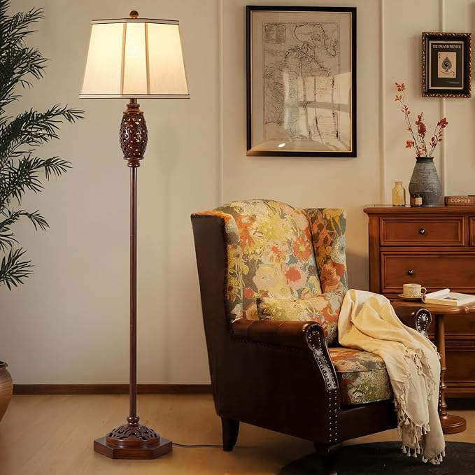 Luvkczc Vintage Floor Lamp - Brown Carved Resin with Hollow Light Design, Rustic Standing Lamp for Living Room, Bedroom, Study(Bulb Included) - Bloomnest