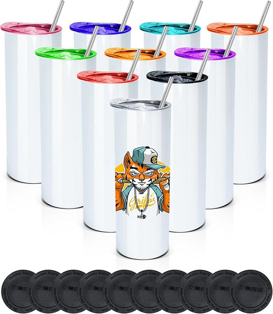 AGH 10 Pack Sublimation Tumblers Blank with Colorful Lids and Metal Straw, 20 OZ Straight Skinny Tumbler with Straw, Stainless Steel Double Wall Insulated Cups for Tumbler Press Machine - Bloomnest