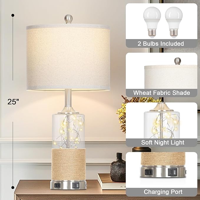25" Boho Table Lamps Set of 2, Coastal Glass Bedside Lamps with USB A+C Ports and AC Outlet, Rattan Lamp with Night Light for Nightstand Living Room Bedroom, 2 LED Bulbs Included, Silver - Bloomnest