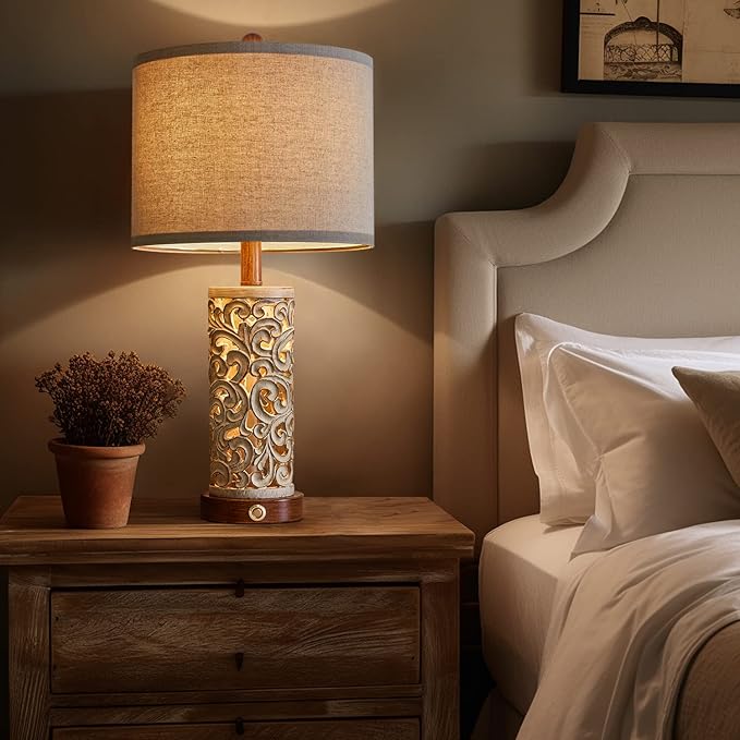 OYEARS 3-Way Dimmable 22'' USB A+C Touch Control Table Lamp Set of 2 with Nightlight for Living Room Bedroom Farmhouse Bedside Nightstand Lamps (Brown, Bulb Included) - Bloomnest