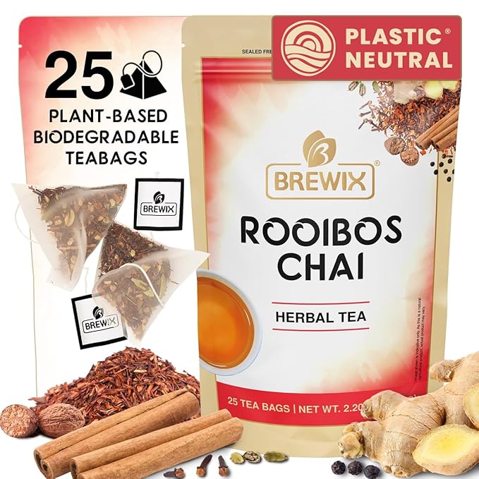 BREWIX, Rooibos Chai Tea Bags (25 Pyramid Tea Bags) Caffeine-Free, Herbal Tea, South African Red Tea | Rooibos, Cardamom, Cinnamon, Black Pepper, Nutmeg, Ginger & Clove - Bloomnest