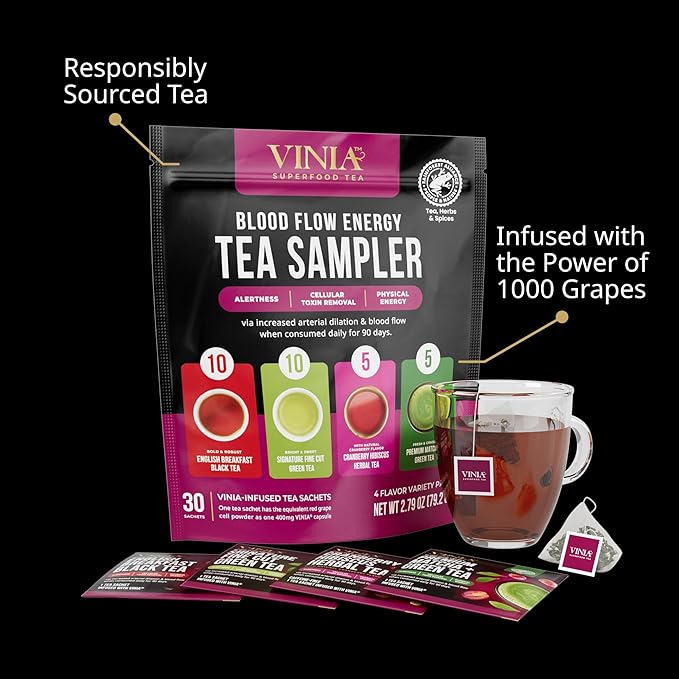 VINIA Tea Sampler, 4 Flavor Variety Pack. Made with Organic Teas, Infused with Piceid Resveratrol for Heart Health, Nitric Oxide, Physical Energy, Alertness, Blood Flow, Keto, Kosher, NON-GMO. 30 Ct - Bloomnest