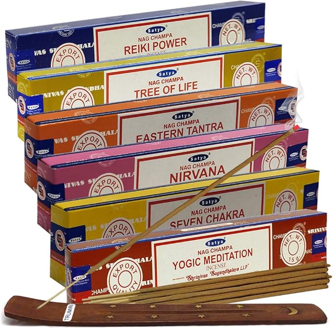 Satya Incense Sticks Variety Pack #6 and Incense Stick Holder Bundle with 6 Spiritual Fragrances TRUMIRI