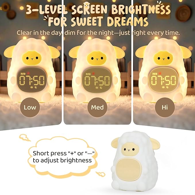Sheep Alarm Clock with Night Light for Kids with Sleep Training and Sound Machine, Rechargeable Silicone Lamp OK to Wake Clock，Cute Animal Tabletop Lamp, Perfect Sleep Companion for Boys Girls - Bloomnest