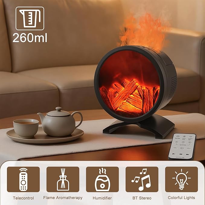 Fireplace Flame Oil Diffuser with Speaker & 260mL Fire Oil Diffuser,Essential Oil Diffuser 5 Color Fire Aroma Diffuser Aromatherapy Aroma Diffuser, Ultrasonic Mist with Timer & Auto Shut-Off - Bloomnest