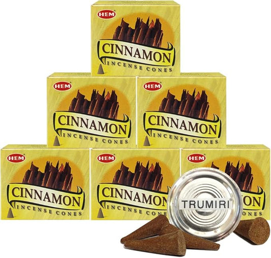 TRUMIRI Incense Cone Holder Bundle with Hem Cinnamon Incense Cones - Pack of 6 (Approx 60 Cones) TRUMIRI