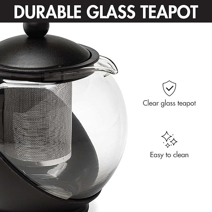 Primula Half Moon Teapot with Removable Infuser, Glass Tea Maker with Reusable Fine Mesh Stainless Steel Filter, Dishwasher Safe, 40-Ounce, Black - Bloomnest