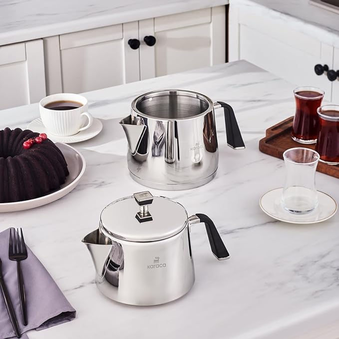 Karaca Fiona Stainless Steel Turkish Teapot Set XL, 1L Tea Pot & 2L Water Tank (Kettle), Stove Top/Induction Compatible, Elegant Silver Design, Easy to Clean, Non-Flammable Handles - Bloomnest