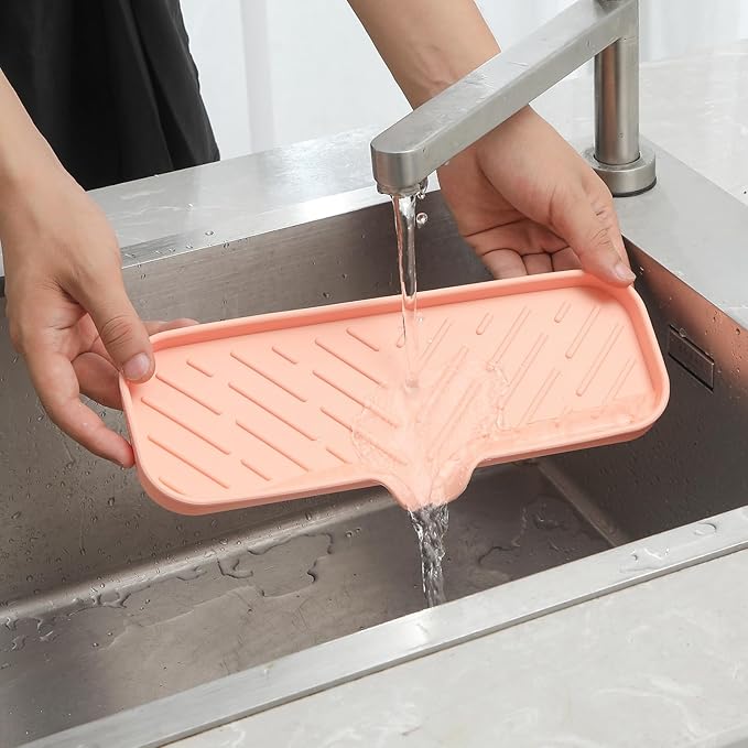 Silicone Bathroom Soap Dishes with Drain Spout-Bathroom and Kitchen Sink Organizer,Sponge Holder,Dish Soap Tray,Perfect for Dispenser,Scrubber,Bottle,Cup on Sink or Counter-Pink 12"×4" - Bloomnest