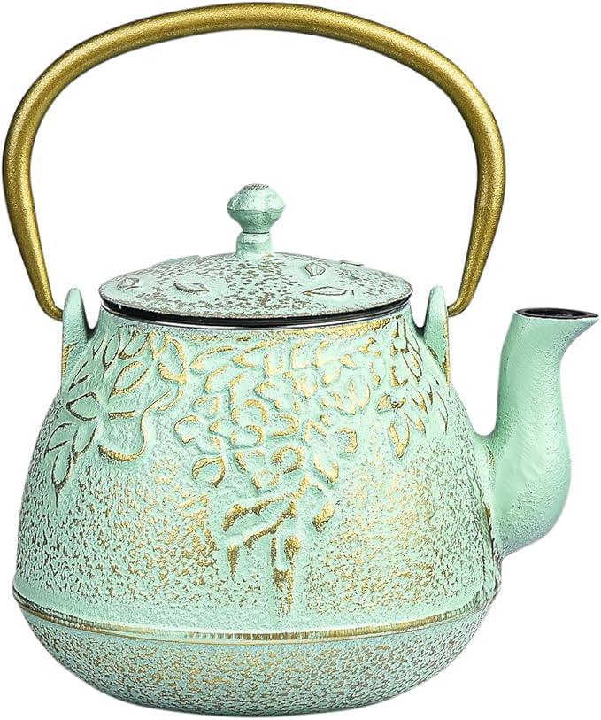 Sungmor Cast Iron Japanese Tetsubin Tea Kettle with Infuser - Stovetop Safe, Enameled Interior - 32 Ounce Light Green Teapot with Salix Leaf Pattern - Bloomnest