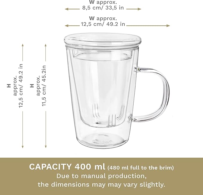 Creano Tea Glass 400 ml – Large Tea Cup with Strainer and Glass Lid – An ideal Tea Maker - Bloomnest