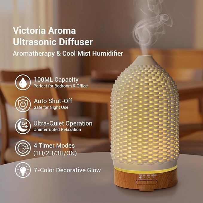 Ultrasonic Essential Oil Diffuser 100ML - Cool Mist Humidifier, 7-Color LED Lights, 3 Timer & Auto Shut-Off, Ideal Gift for Home Bedroom Office (Cream) - Bloomnest
