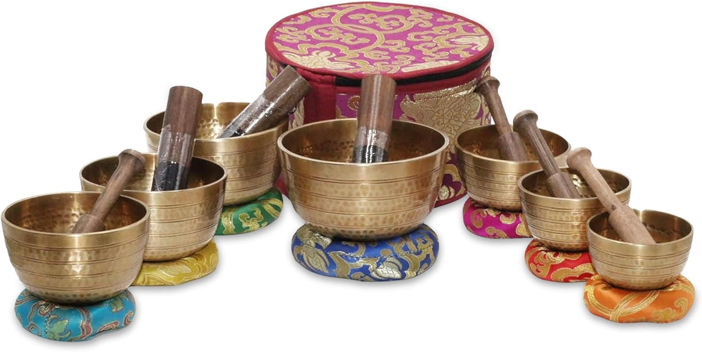Tibetan Singing Bowl Set of 7, Handcrafted Singing Bowl for Meditation & Holistic Healing, Yoga Accessories, 3-5” Gold Singing Bowls with Wooden Striker, Cushion & Purple Carry Box