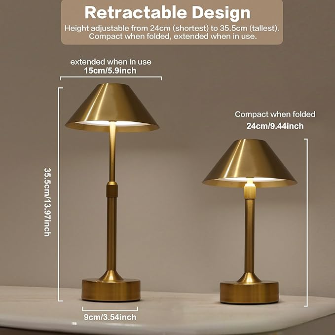 Cordless Table Lamp - Rechargeable Night Light with 2000mAh Battery, Touch Control, Dimmable White/Warm/Neutral Light, Adjustable Height, USB Charging, Ambient LED Bedside Lamp (Gold) - Bloomnest
