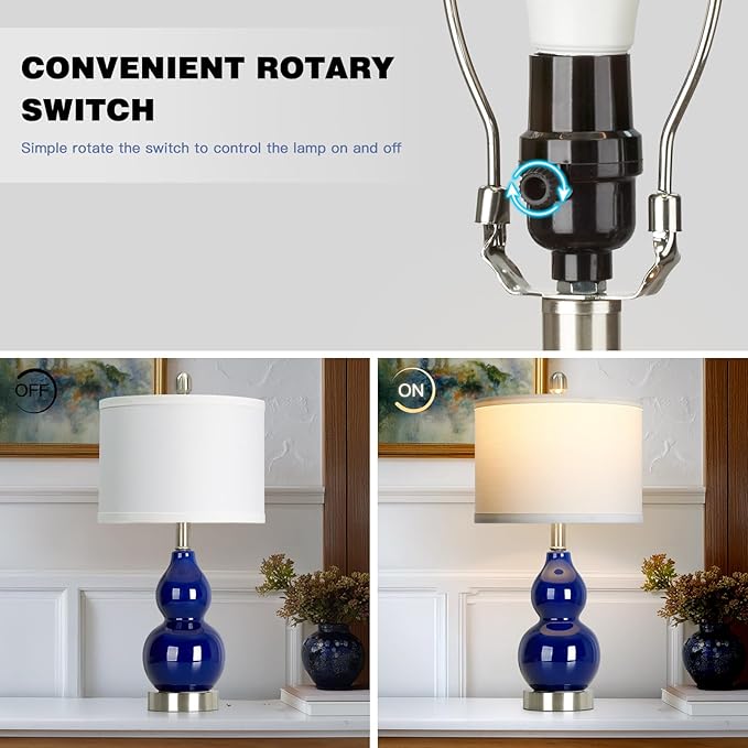 22" Double Gourd Ceramic Table Lamps Set of 2, Navy Blue Modern Bedside Lamps for Living Room, Contemporary Nightstand Desk Lamps for Bedroom End Table Home Office Decor(2 LED Bulbs Included) - Bloomnest