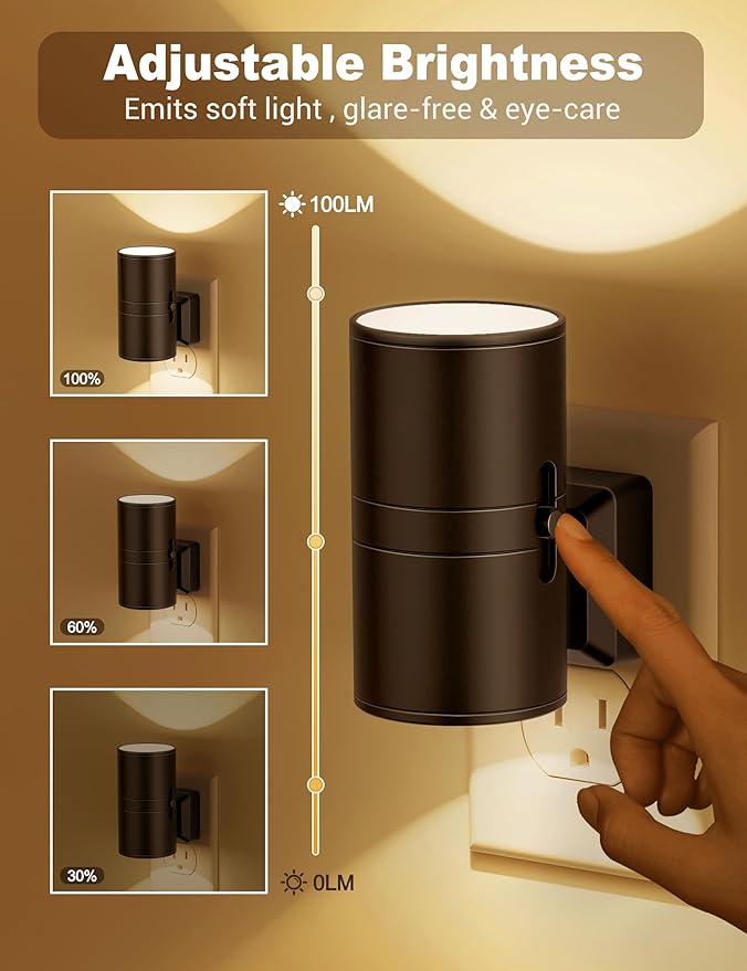 Night Lights Plug into Wall, Dimmable Night Light Plug in, Modern Night Lights with Dusk to Dawn Light Sensor, Soft White 3000K, 0-100LM Adjustable Brightness Nightlight for Hallway Bedroom, 4 Pack - Bloomnest