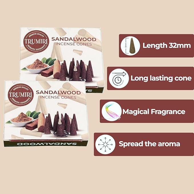 TRUMIRI Sandalwood Incense Cones - Total 20 Cone Incense - Dual Pack of 10 Insence Cones - Incense Cones Scented - Cone Incense Scents - Insense Cones - Incent Cone TRUMIRI