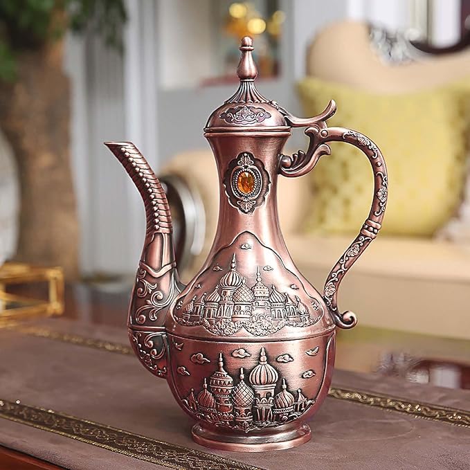 Vintage Turkish Coffee Pot Set for 6 Including Tray and Teapot,Metal Cups,Teapot and Cup Set for One,Tea Service Set for Home Tea Table Decor,Wedding Ornaments(Copper)