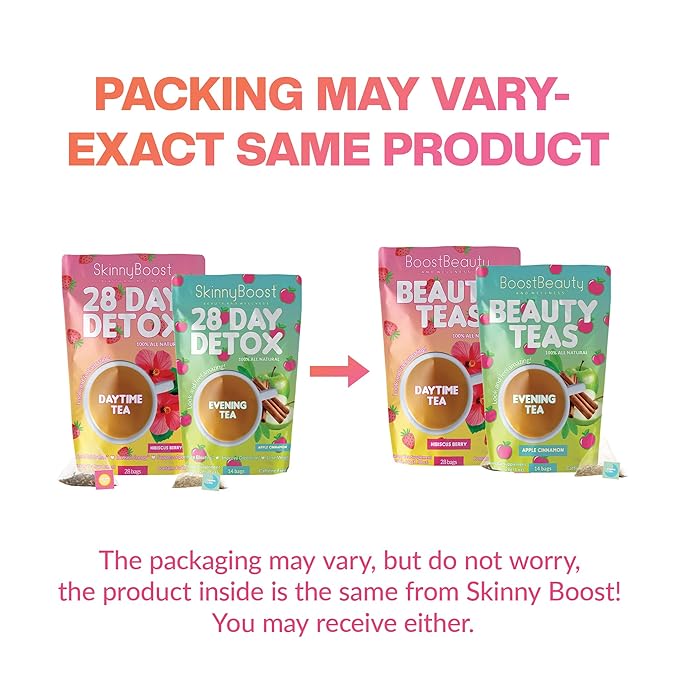 Skinny Boost Detox Tea Kit- 2 PACK –1 Daytime HIBISCUS (28 Bags) + 1 Evening APPLE CINNAMON-(14 Bags) – Herbal Detox for Energy, Bloating & Colon Cleanse – Green Tea, Vegan, Keto, Non-GMO, Sugar-Free - Bloomnest
