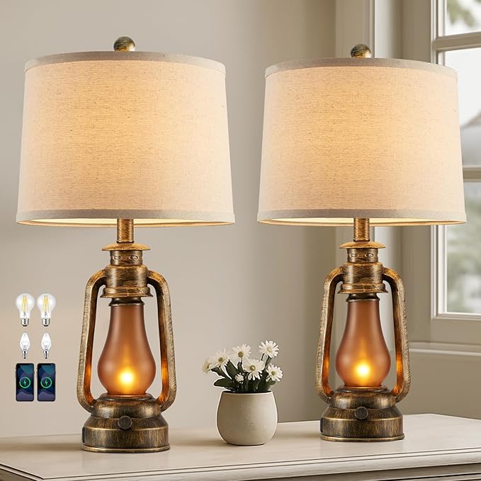 RORIANO 25" Set of 2 Rustic Lantern Table Lamps for Living Room Bedroom, 2 USB Ports Farmhouse Vintage Bedside Desk Lamp Nightlight for Entryway Office End Table, 4 Bulbs Included - Bloomnest