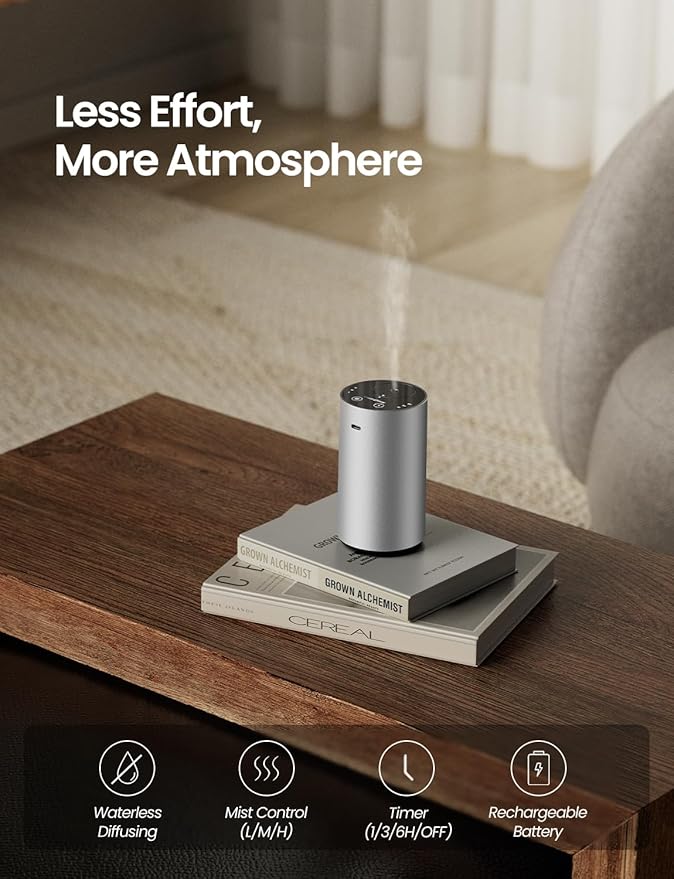 Waterless Essential Oil Diffuser, Rechargeable Scent Diffusers with 3 Mist Levels & Timers, Portable Aromatherapy Diffuser for Home Car Room Studio Office, Silver Metal - Bloomnest